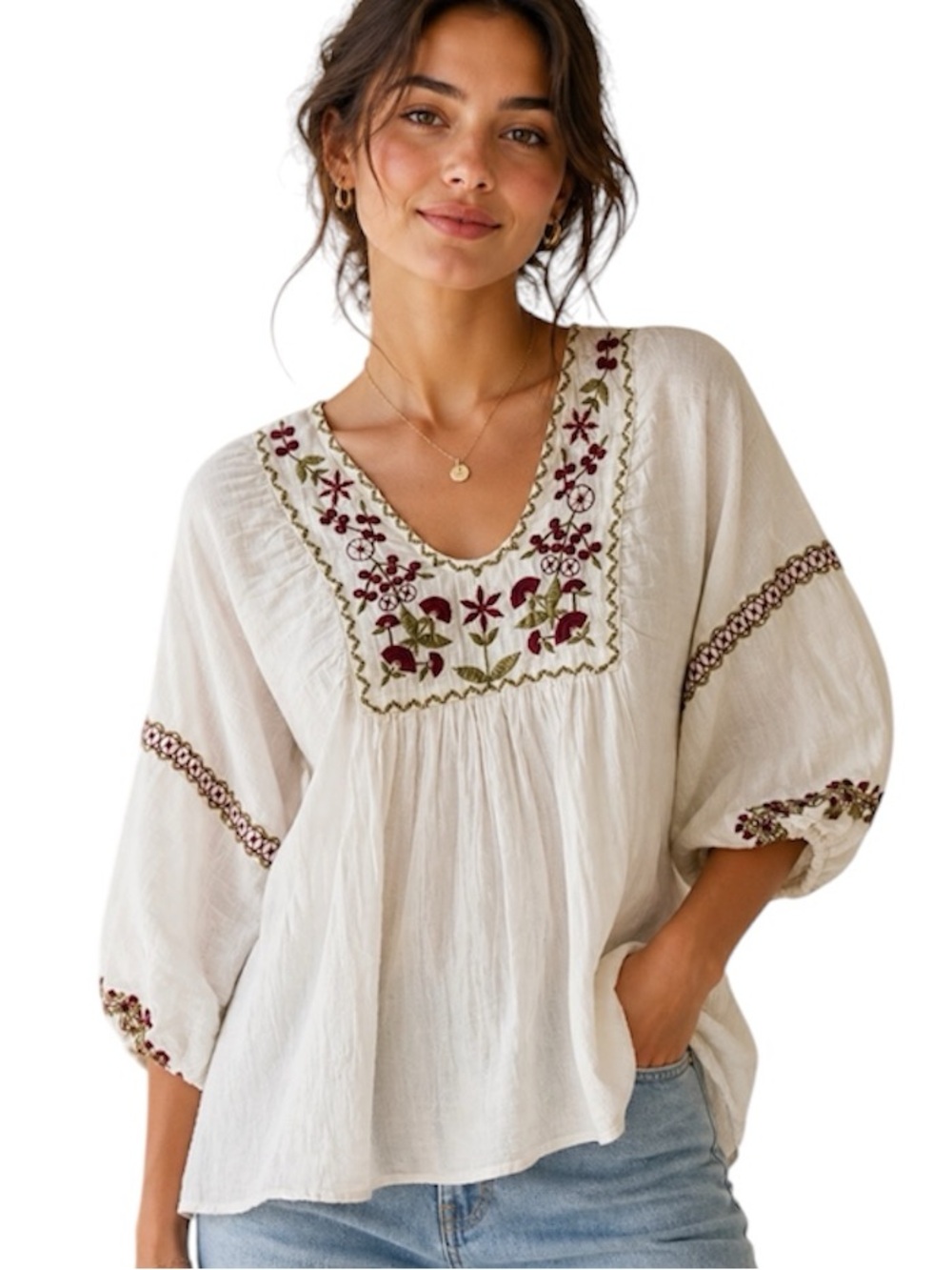 Max Studio Women’s 3/4 Bubble Sleeve Embroidered Boho Peasant Blouse, size S.​​